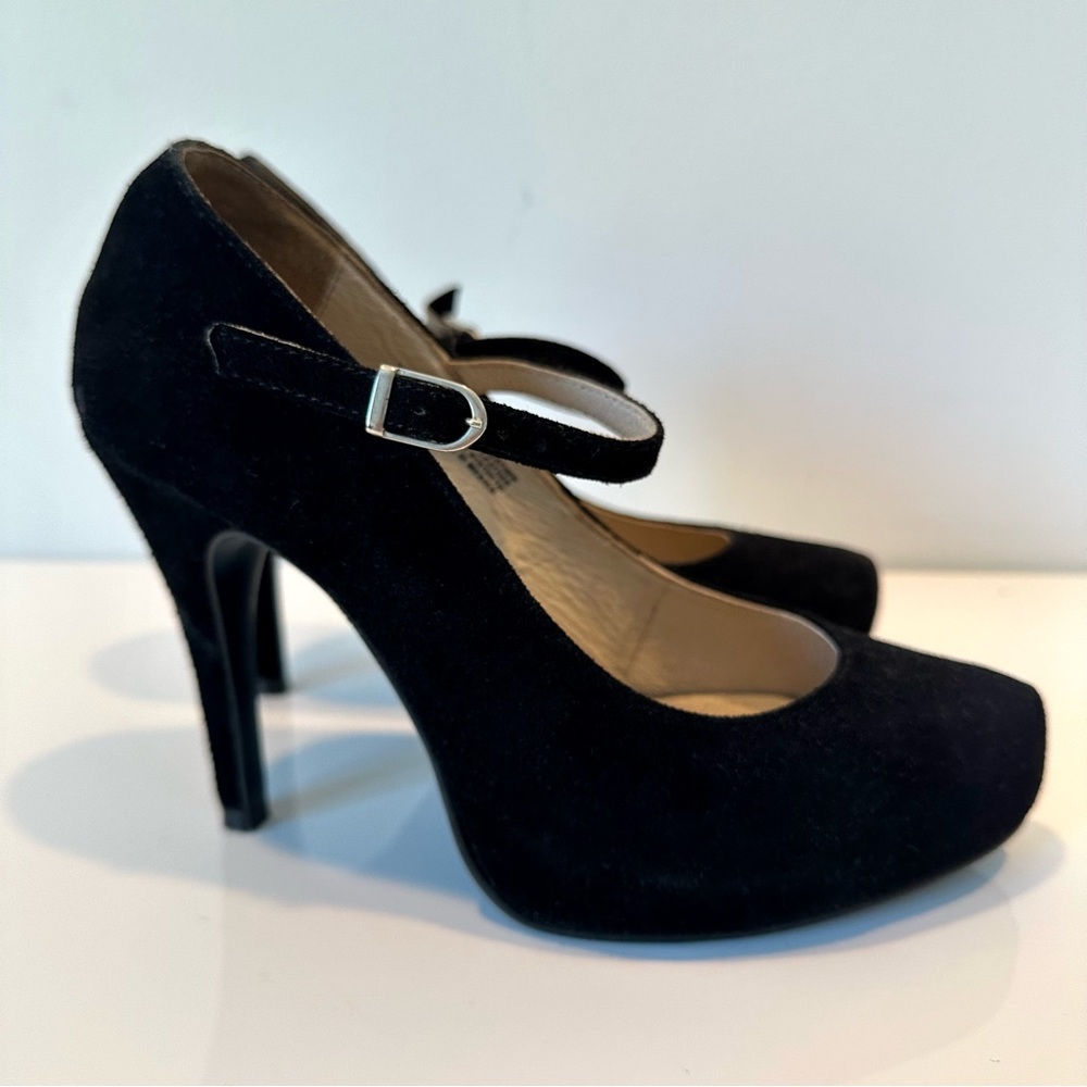 Fitzwell Black Genuine Leather Suede Mary Jane Pumps Heels, Size 8.5
